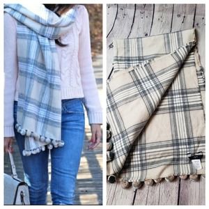 J Crew Pom Pom Plaid Blanket Scarf Cream Grey